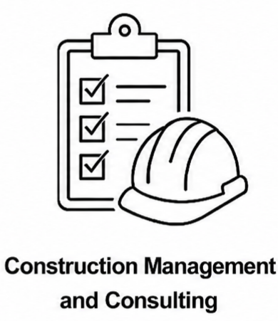 A checklist on a clipboard with a hard hat, with the text "Construction Management and Consulting" below.