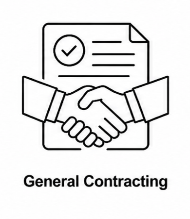 Illustration of two hands shaking in front of a document with a checkmark, labeled 'General Contracting'.