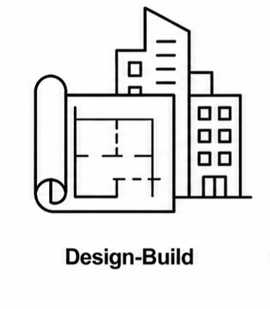 Line drawing of buildings and a blueprint with the caption 'Design-Build'.