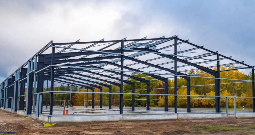 Steel framework of a building under construction with trees in the background.