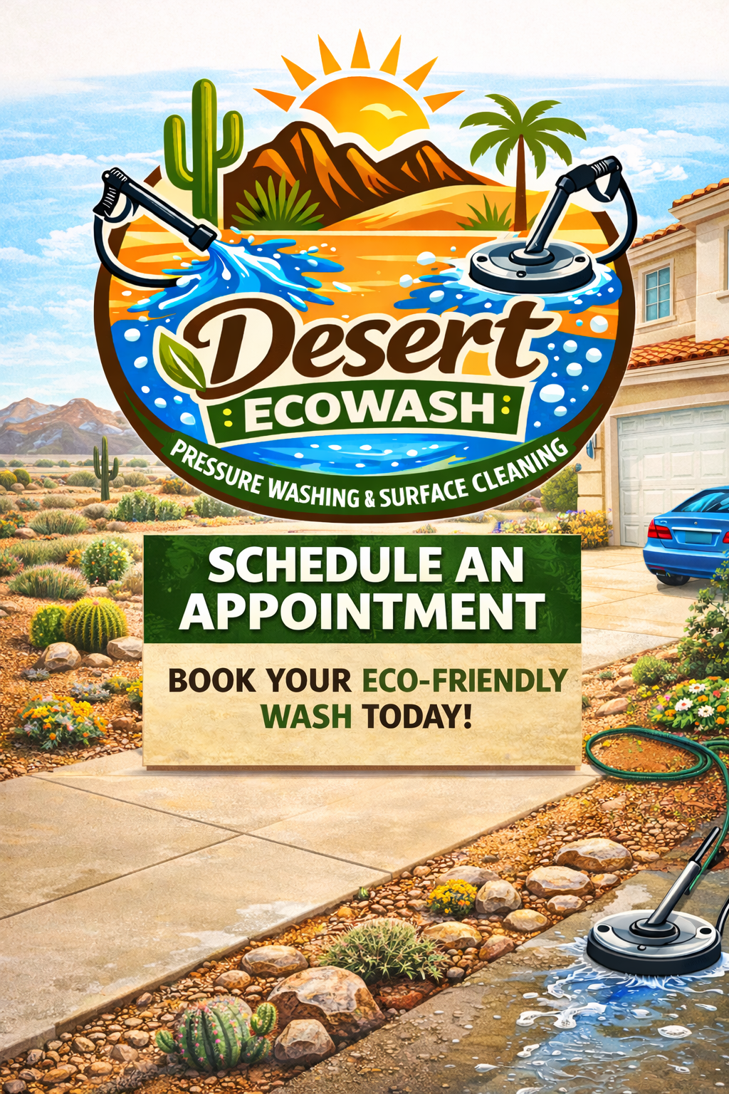 A sign for desert eco-wash advertising pressure washing and surface cleaning, featuring a desert landscape with mountains, cacti, and a bright sun, inviting viewers to schedule an appointment and book an eco-friendly wash.