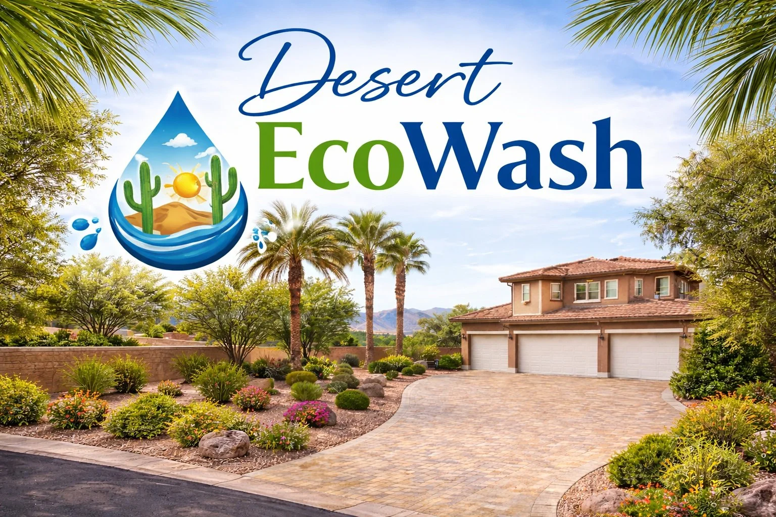 A landscaped desert-style front yard with palm trees, succulents, and flowering plants in front of a house, with a logo indicating it's for Desert EcoWash.