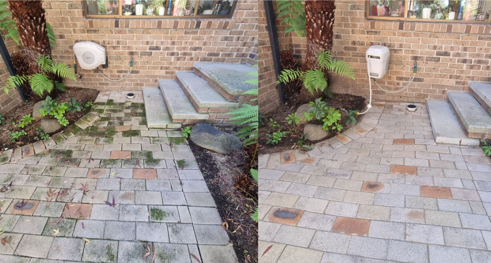A pressure washed and chemically cleaned patio in canberra region