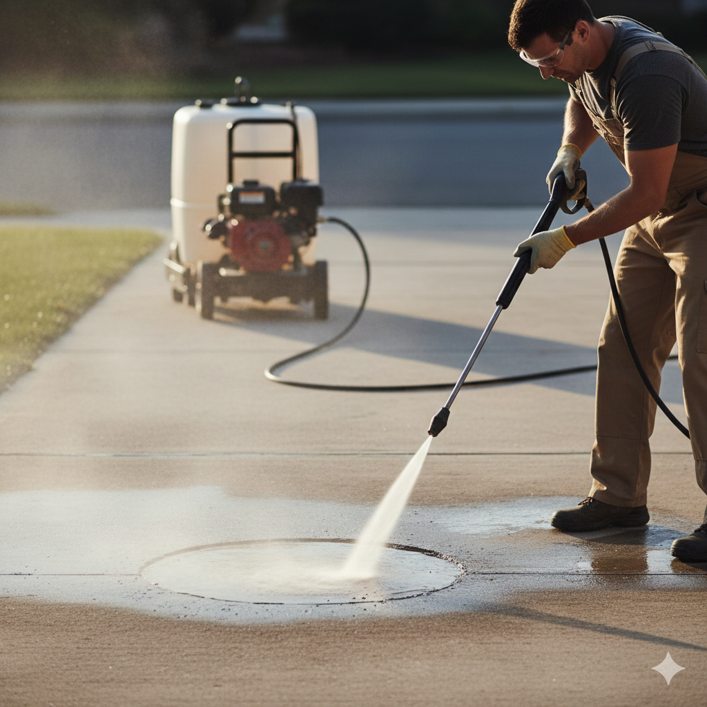 A worker cleans house driveway, sidewalk, and path with pressure washer.