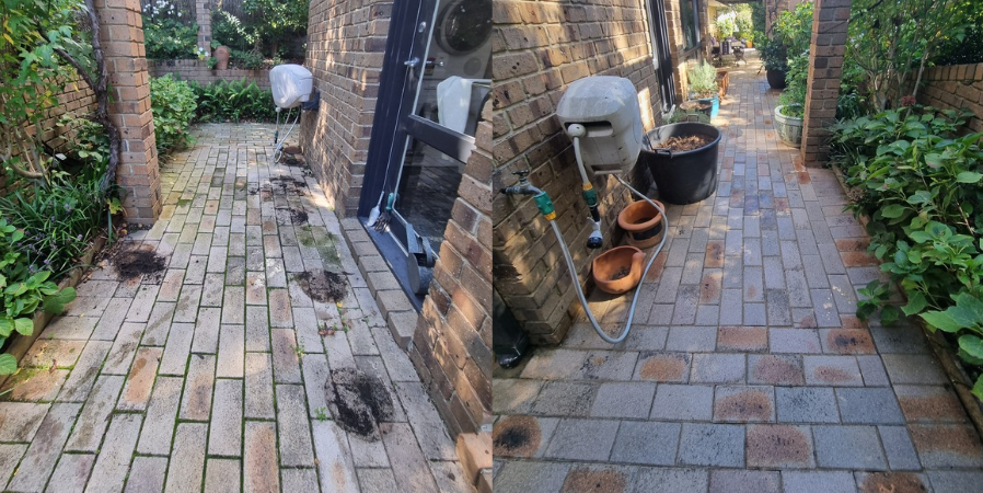 Side by side images of a paver section before and after expert pressure washing