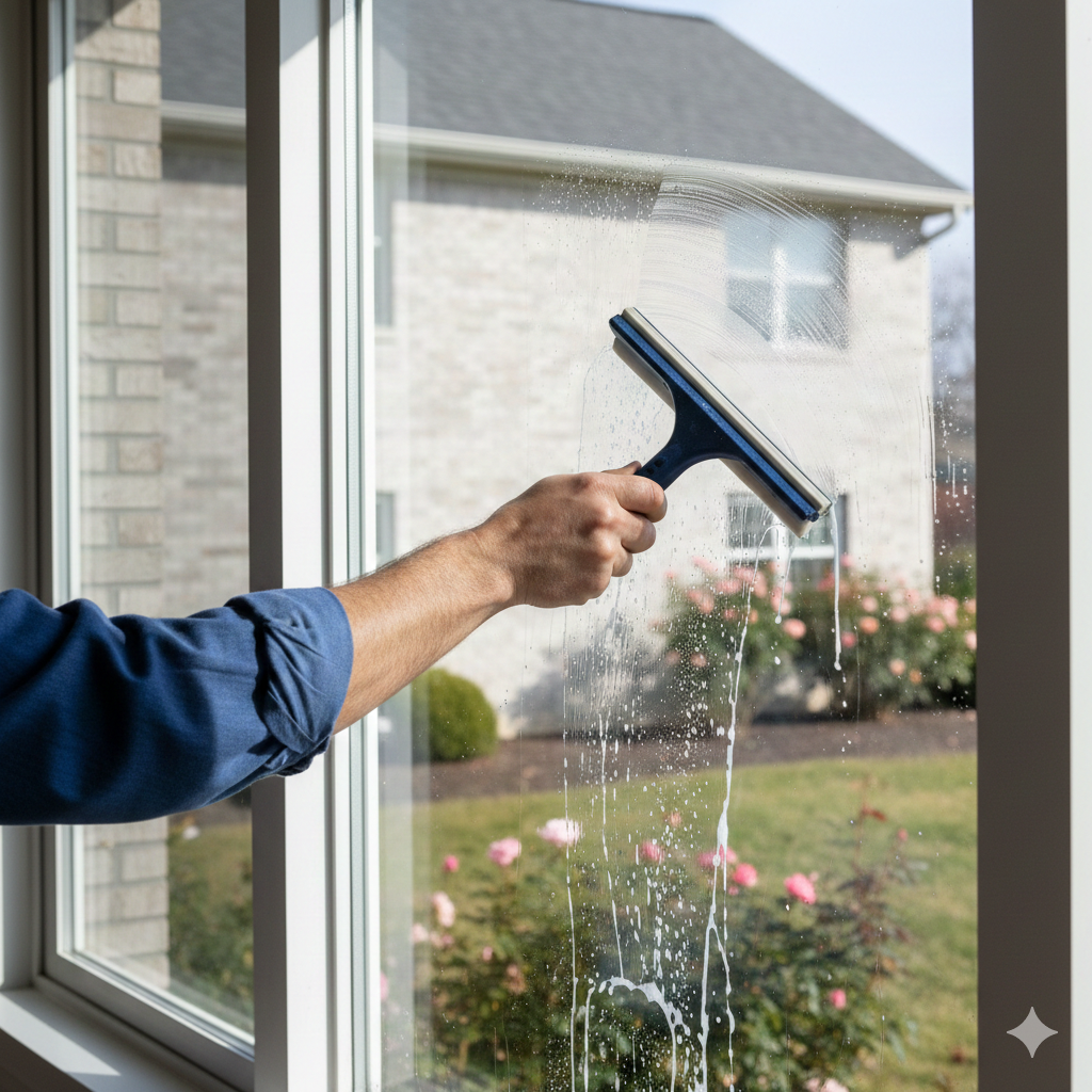 Person cleaning a home and business window with a squeegee on a bright day.