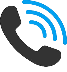 Icon of a black phone receiver with blue curved lines indicating a call or signal