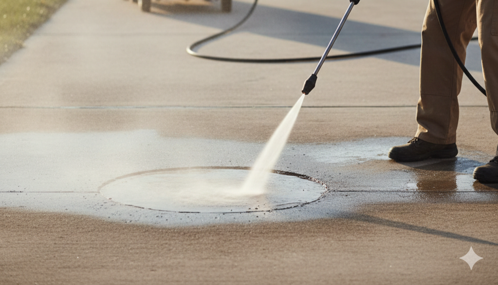 Worker pressure washing a concrete utility or drain cover on a sidewalk.