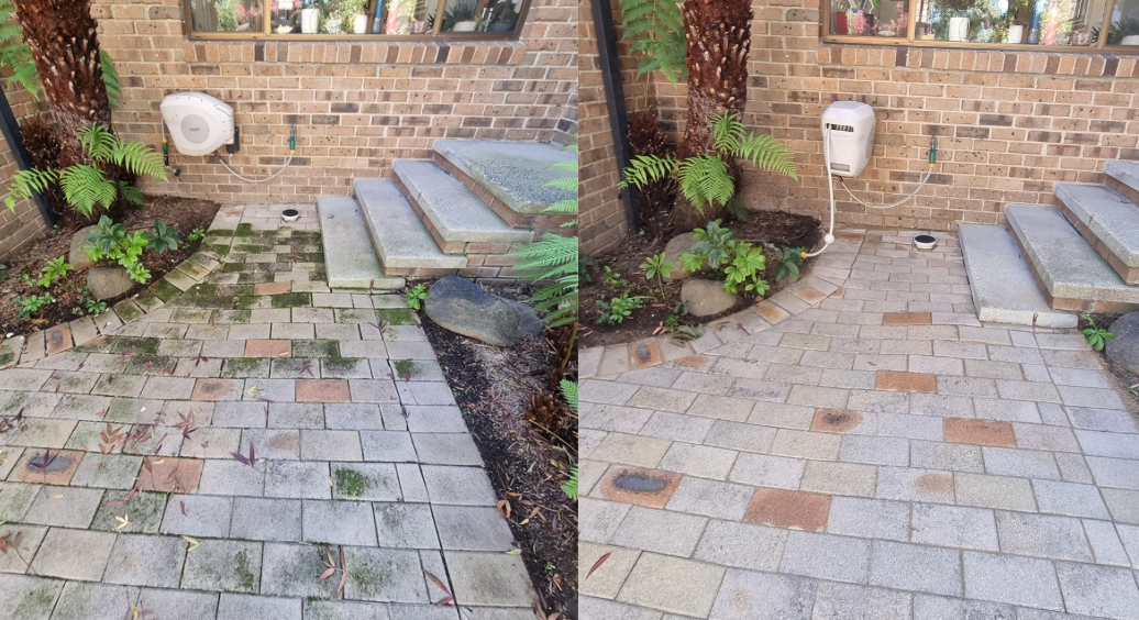 Cleaning, treating and resanding pavers at a house.