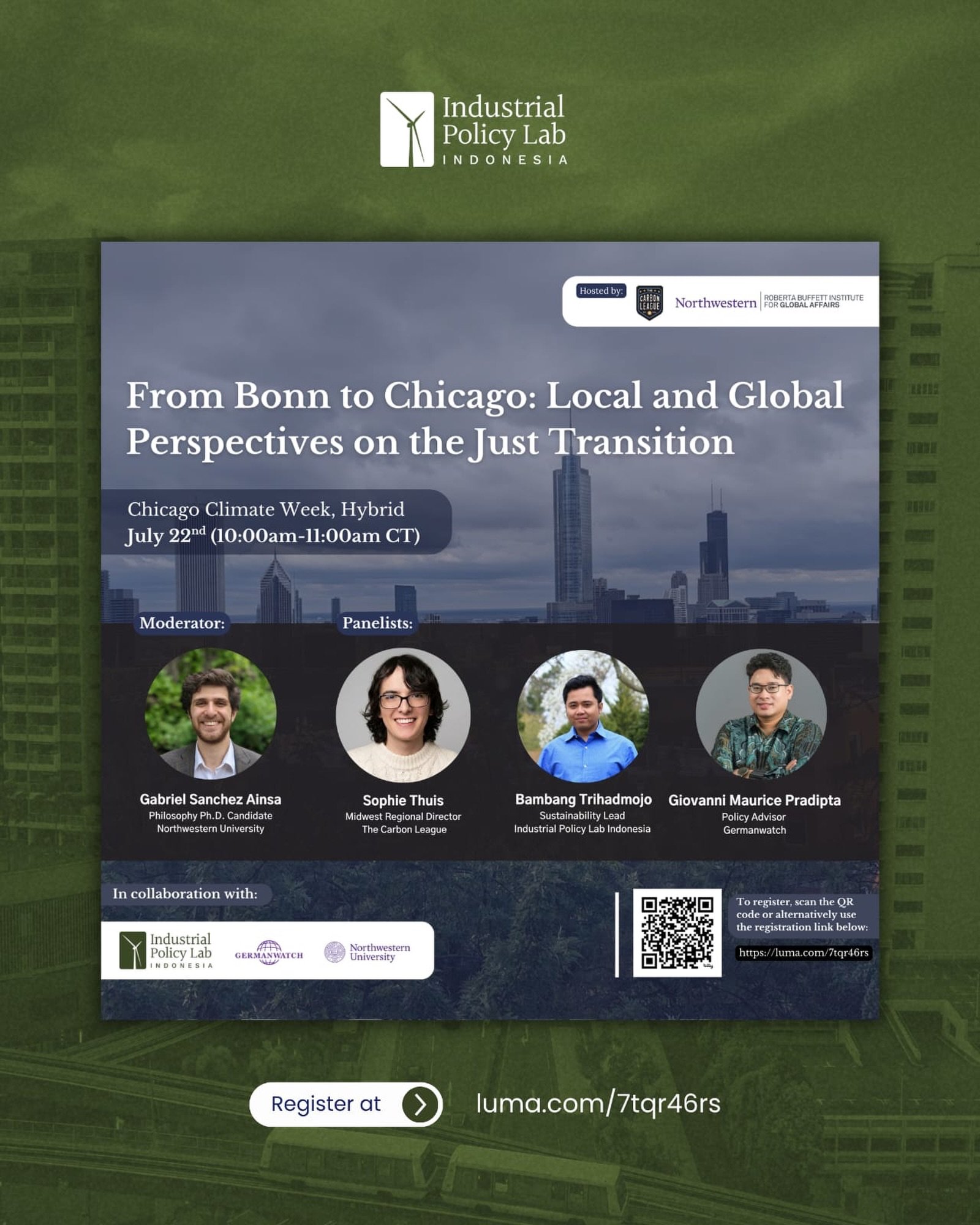 Join us at Chicago Climate Week for the panel discussion &ldquo;From Bonn to Chicago: Local and Global Perspectives on the Just Transition.&rdquo;

This joint initiative is co-hosted by Roberta Buffett Institute for Global Affairs and The Carbon Leag