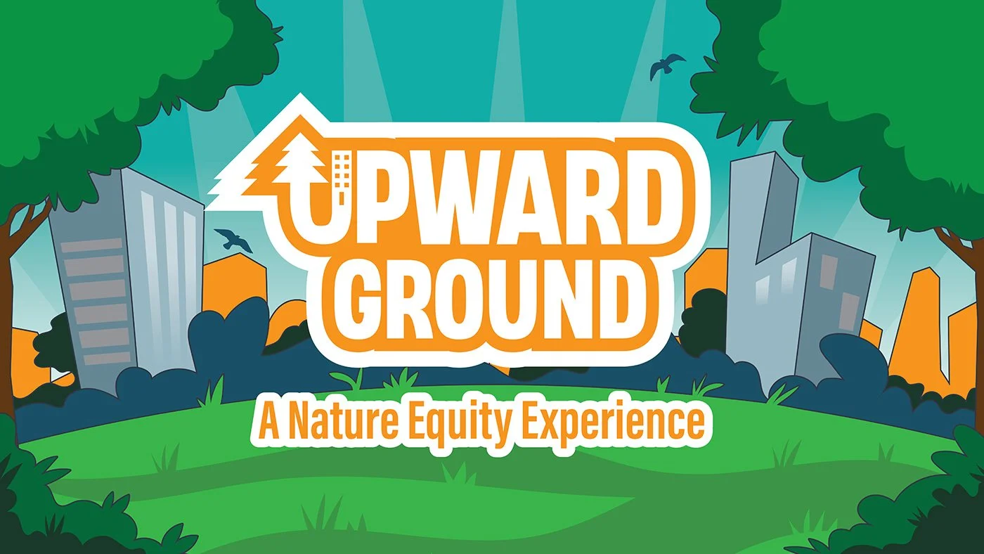 image of cover art with the text upward ground overlaying a vector image of city surrounded by trees and nature