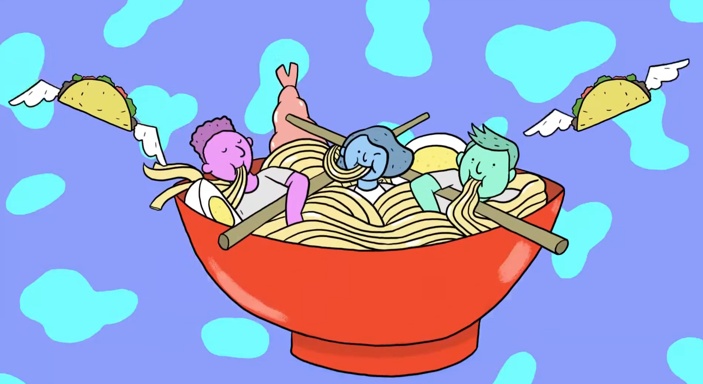 image of people sitting in a large bowl slurping ramen noodles