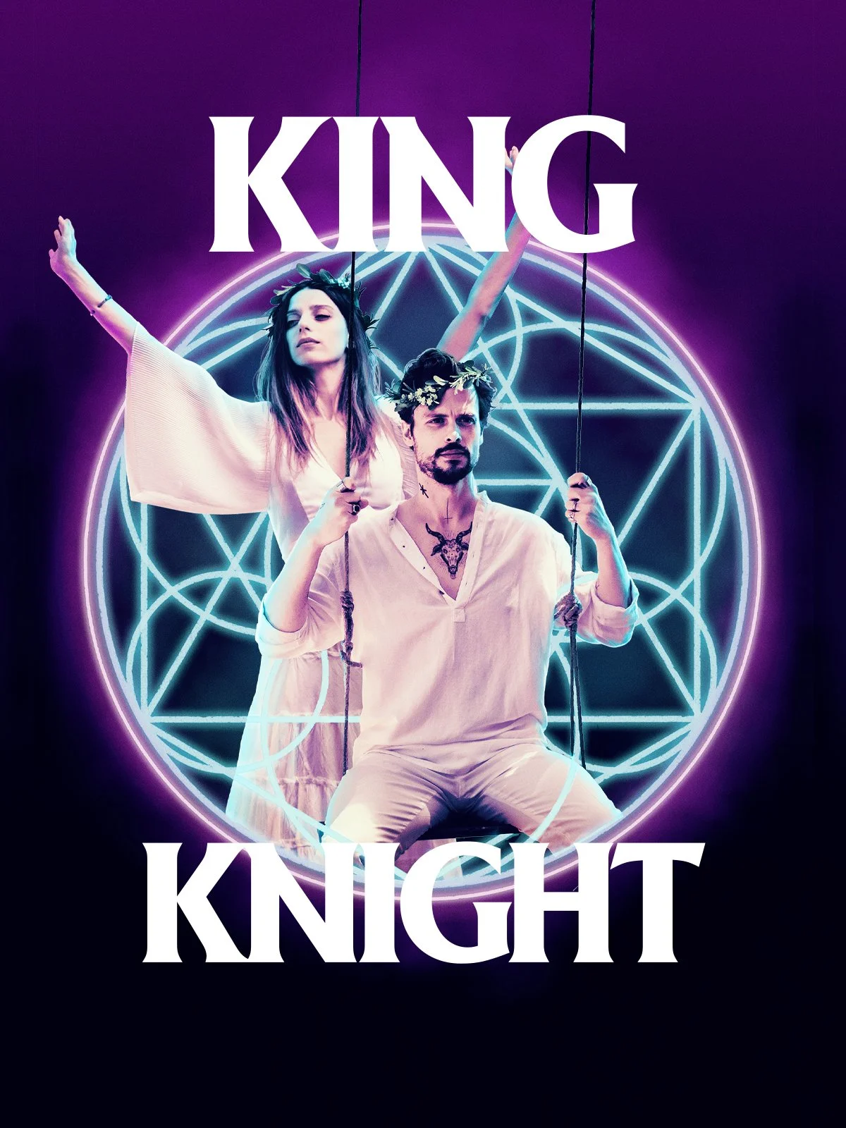 Image of king knight movie poster with man sitting on a swing and woman happily draping herself over him