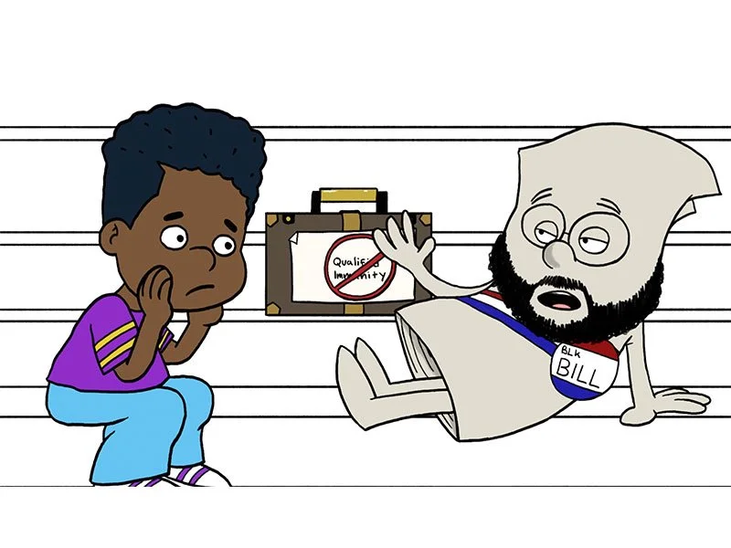 Cartoon african american boy sitting on step look at a talking constitution bill character