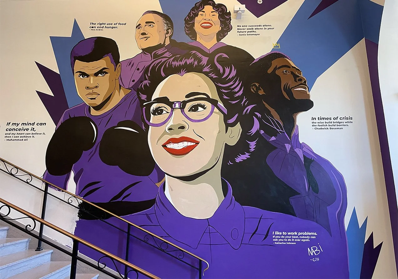 cardozo mural featuring katherin johnson, chadwick boseman, muhammad ali, sonya sotomayor, and jose andres