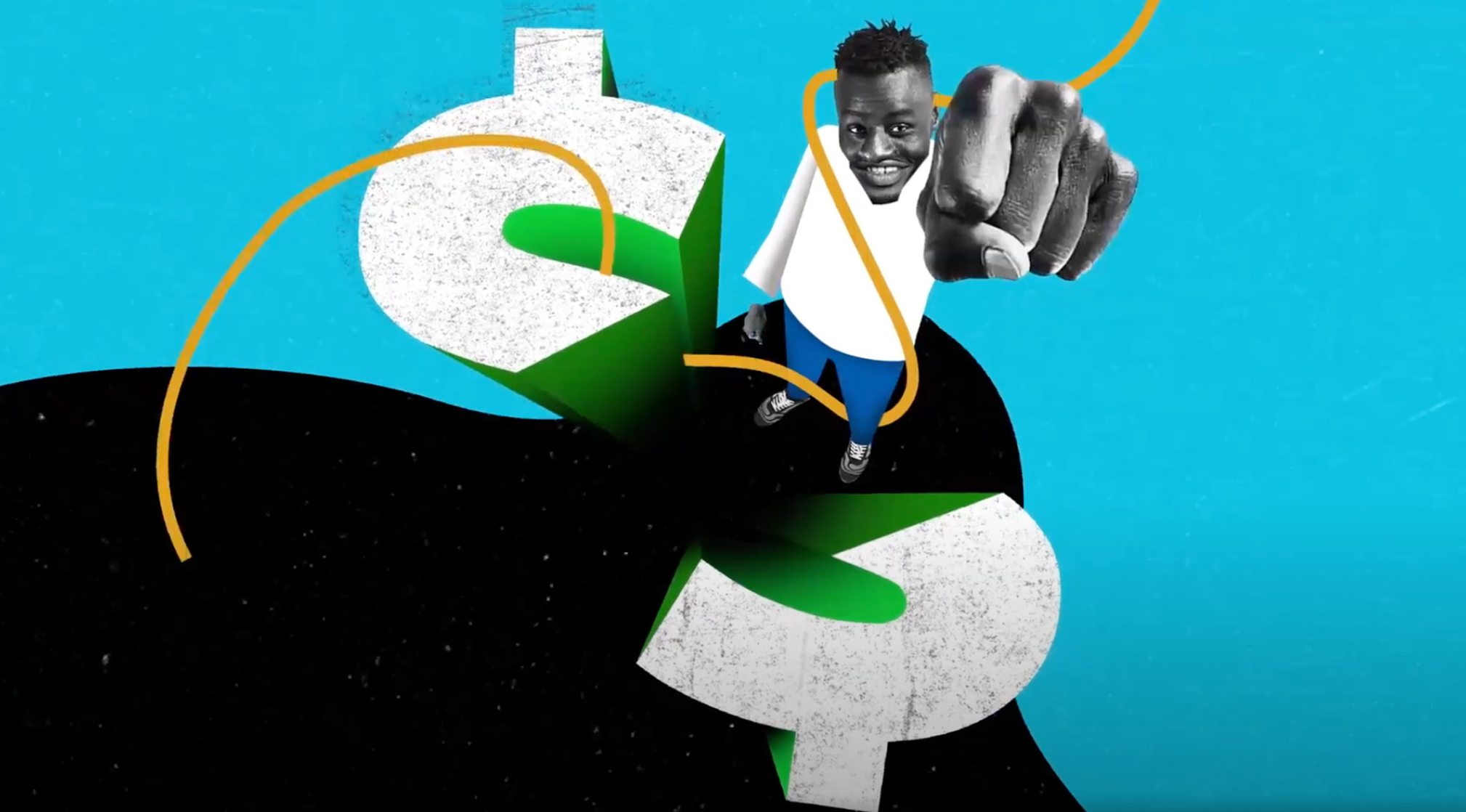 Image of an african american man with his fist in the air and the money symbol splits with him in the center