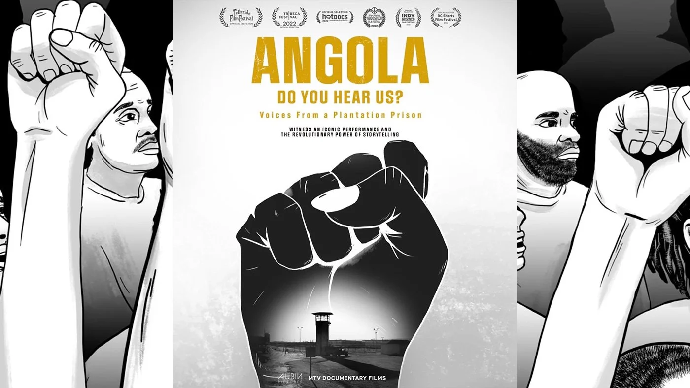 Image of an illustrated black fist rising in the air with the title text Angola Do You Hear Us - in gold