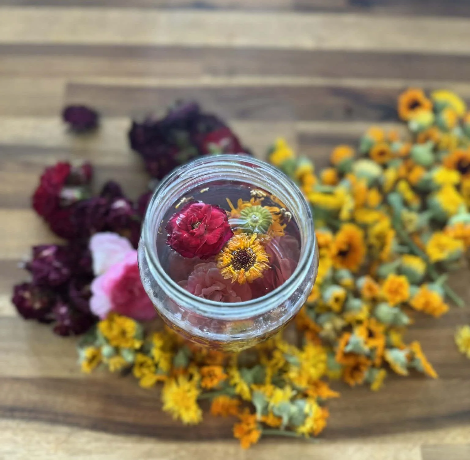 Rose and calendula herbal tea used as a gentle eye soak, made at Migasoka Farm