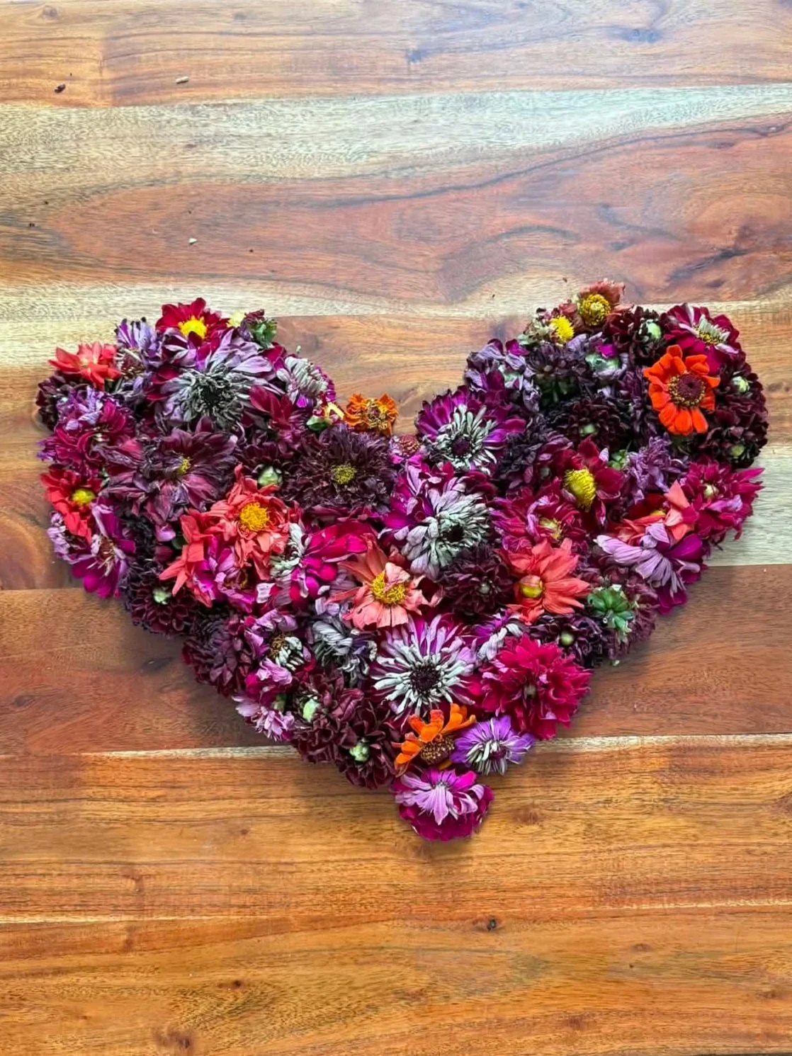Farm-grown flowers drying in a heart shape at Migasoka Farm in Queensland