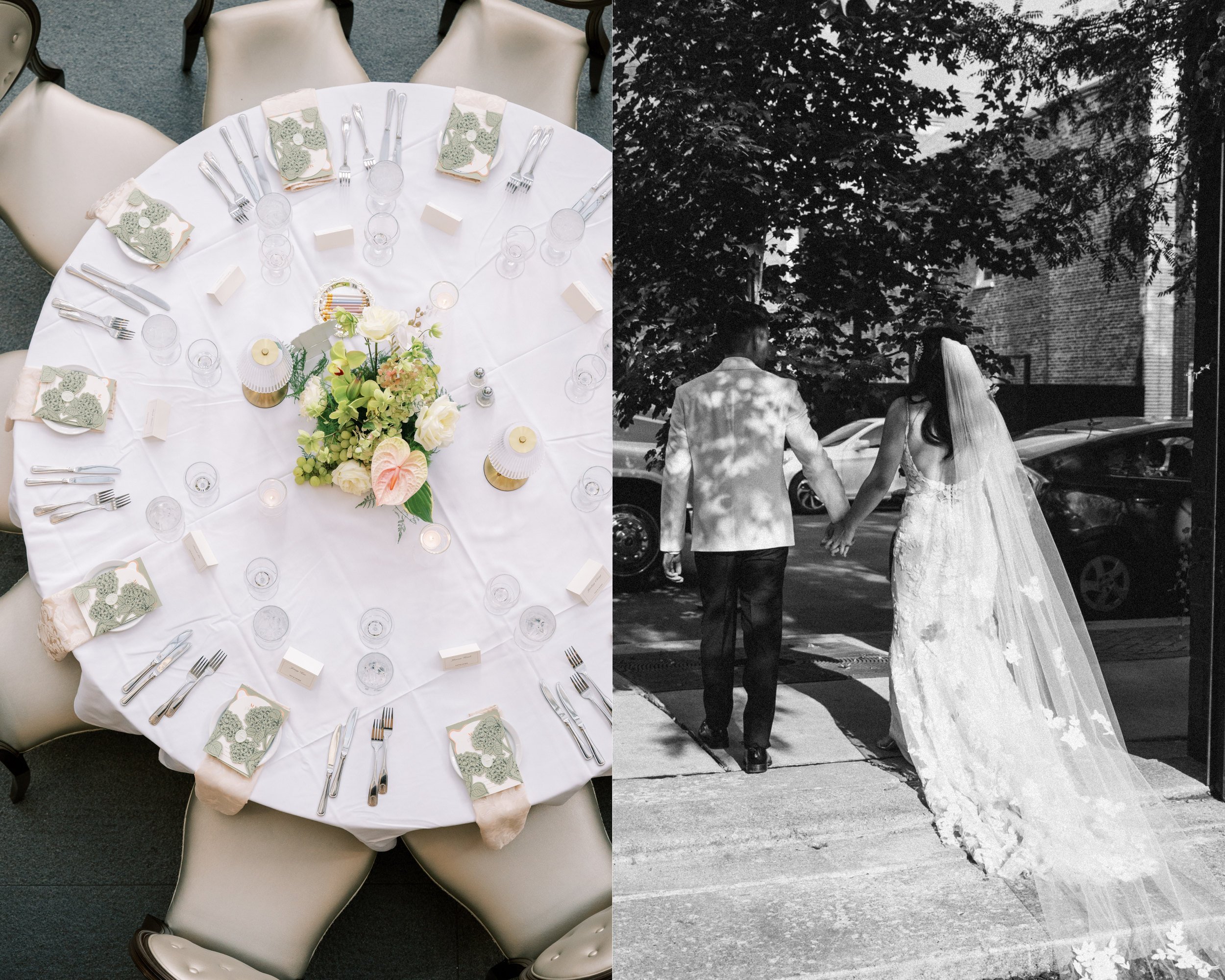 The left side of the image shows a round banquet table set with white tablecloth, silverware, clear glassware, and small decorated napkins, with a floral centerpiece. The right side of the image is a black-and-white photo of a bride and groom walking