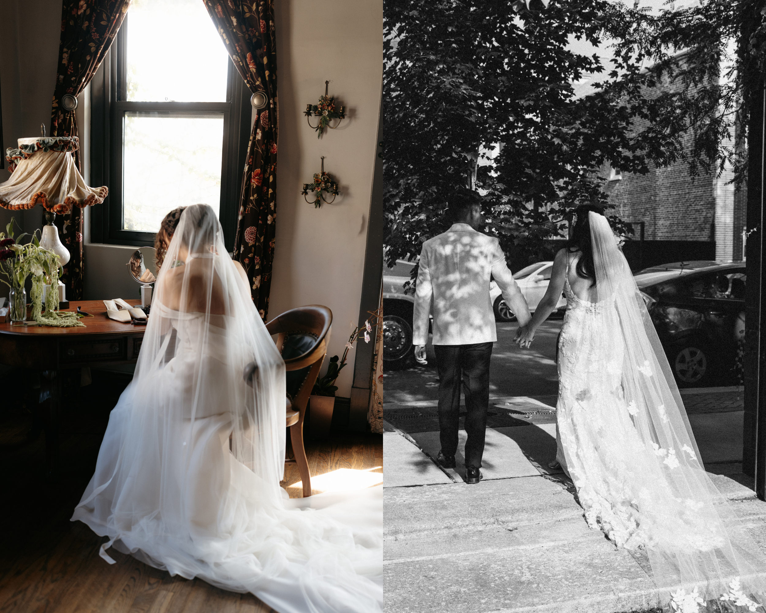 Left side of the image shows a room with a window, floral curtains, a table with a vintage lamp, and a woman in a wedding dress with a veil sitting at the table. The right side is a black-and-white photo of a bride and groom holding hands outdoors, w