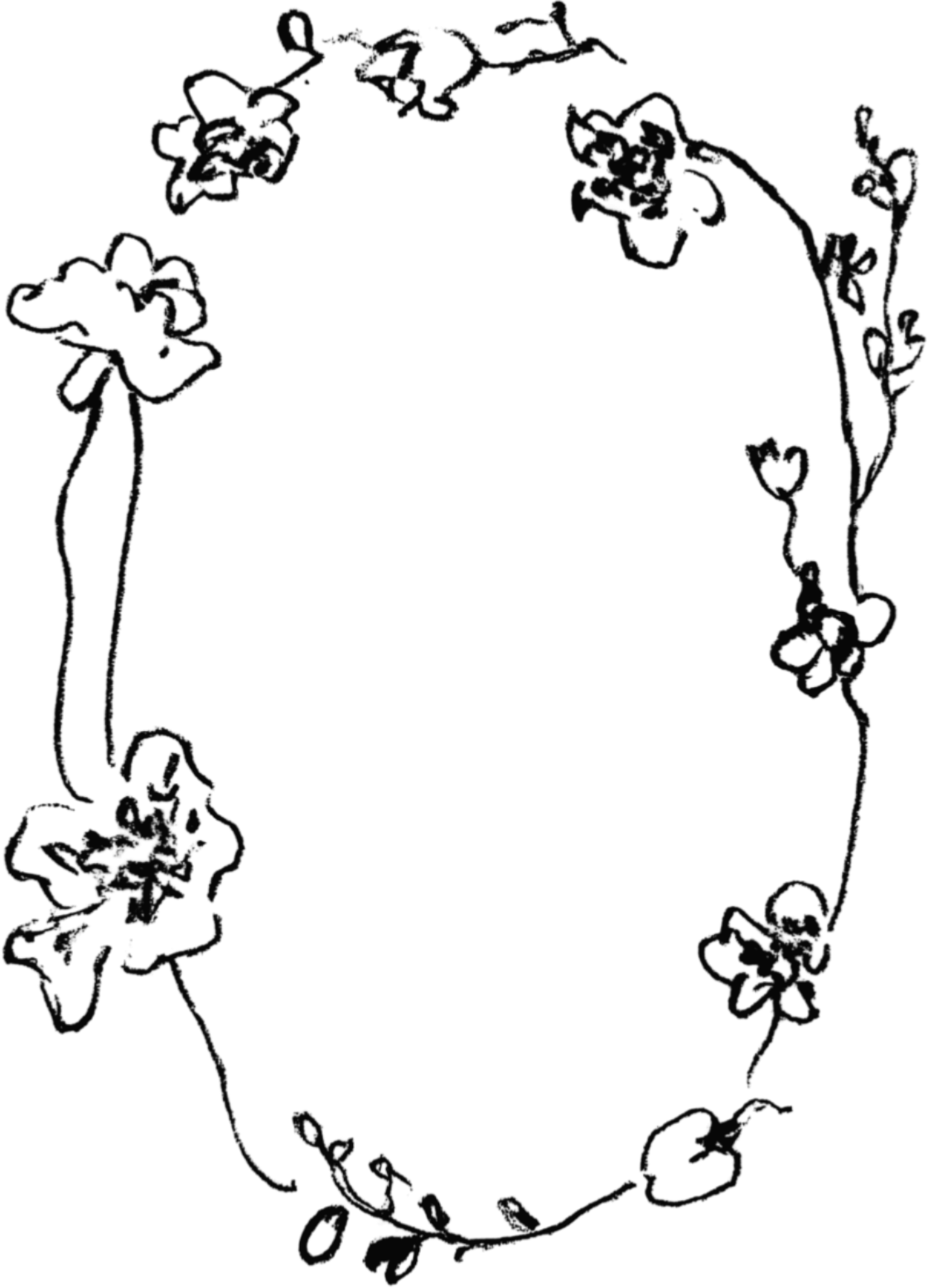 Black floral wreath outline, decorative, with small flowers and leaves.