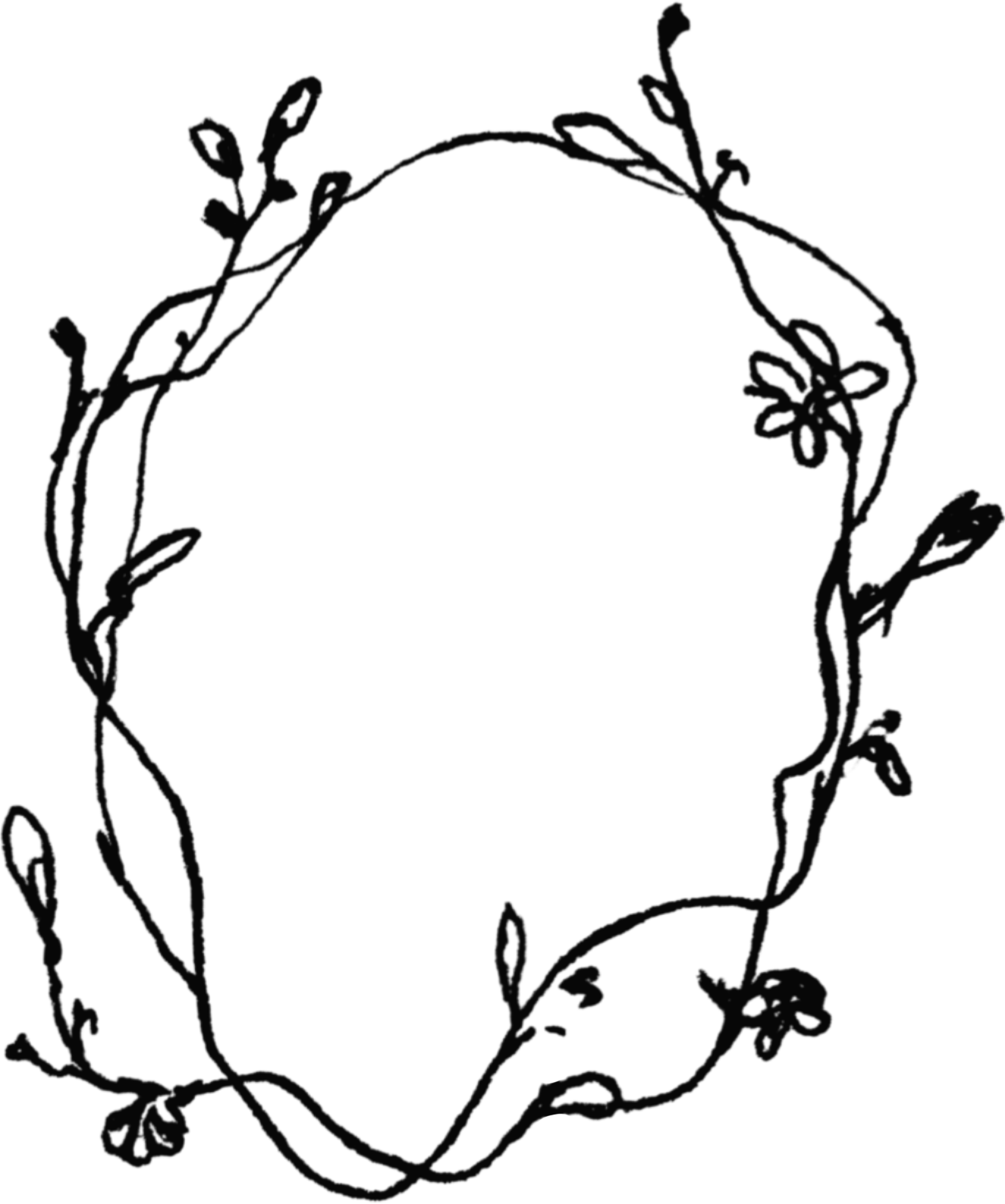 Black floral wreath outline on a black background.