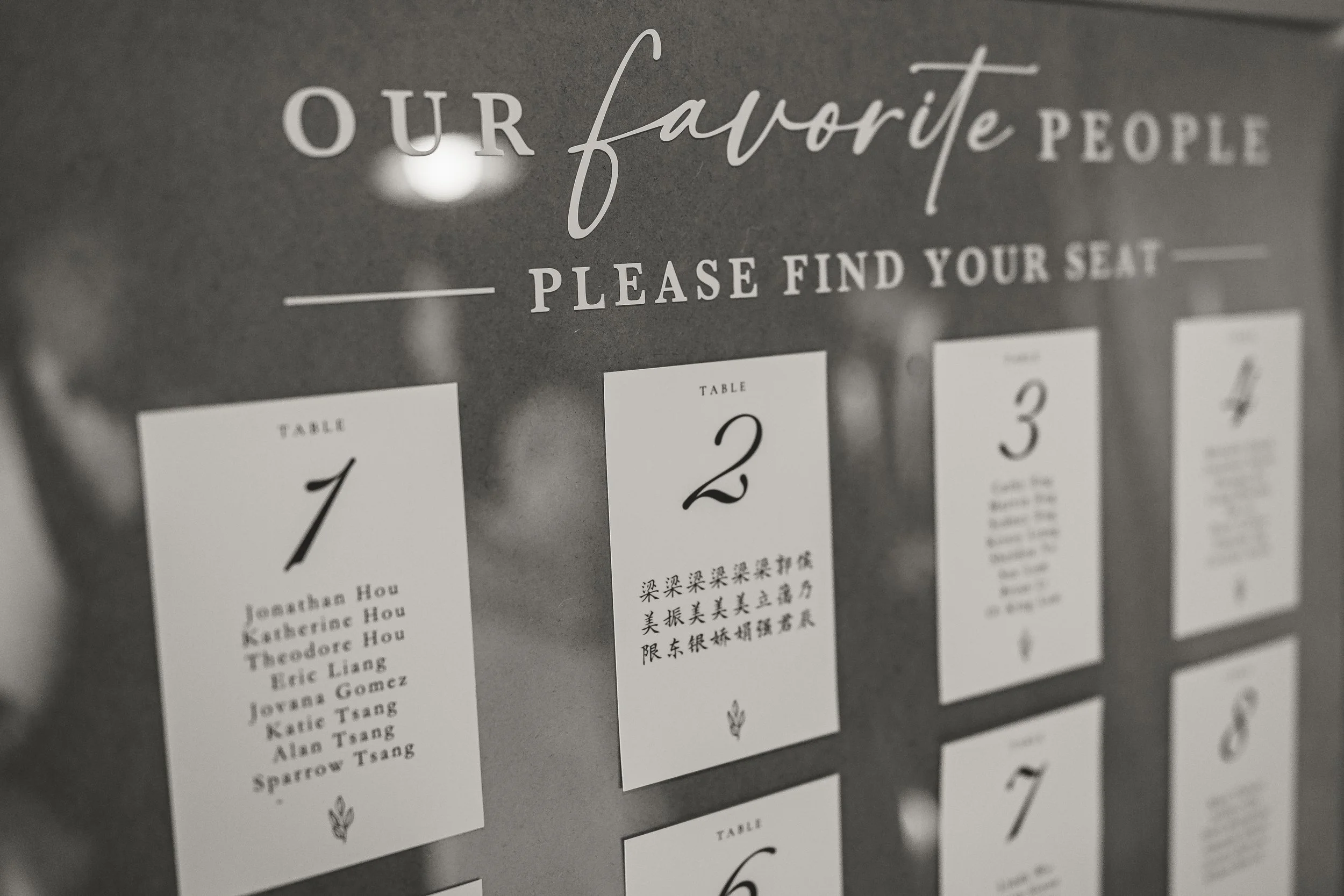 A wall sign with the words 'Our favorite people please find your seat' above a display of numbered name cards for tables at an event.
