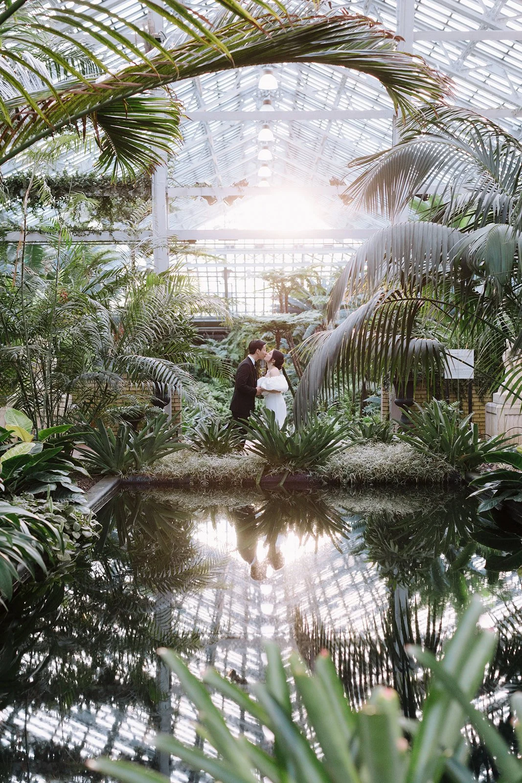 A couple dressed in formal attire, standing close and about to kiss, inside a lush, glass-covered botanical garden with tropical plants and a pond reflecting the scene.