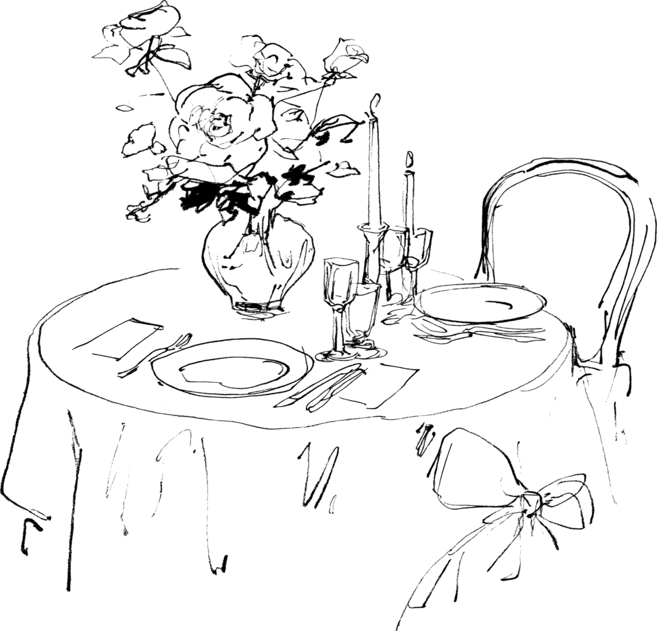 Line drawing of a table with a plant in a vase, candle holders, and a decorative archway in the background.