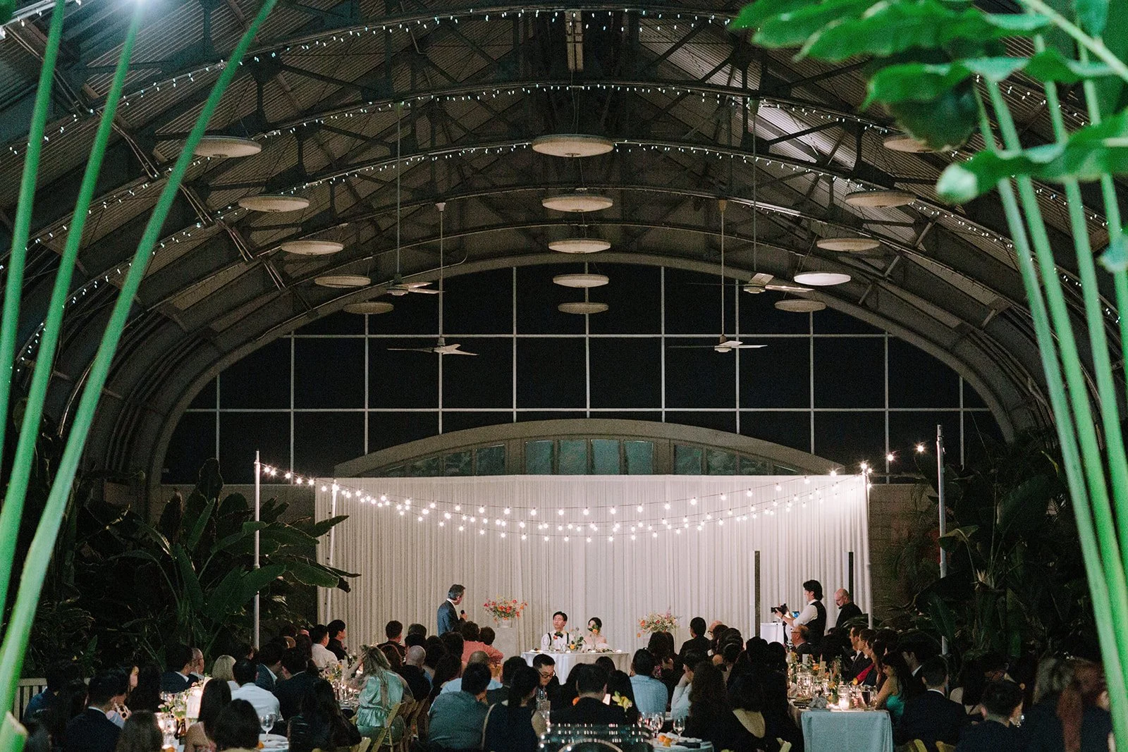 Indoor wedding reception with many guests seated at tables, white drapery backdrop with string lights, and a couple having a toast at a decorated table. The venue has a high arched ceiling with hanging fans and string lights, framed by greenery.