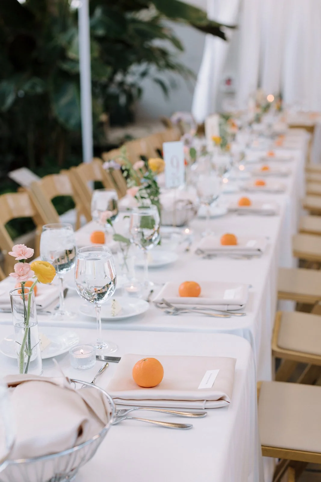Elegant event table setting with white tablecloth, floral centerpieces, water glasses, oranges on napkins, and silverware, set in a bright room with green plants.