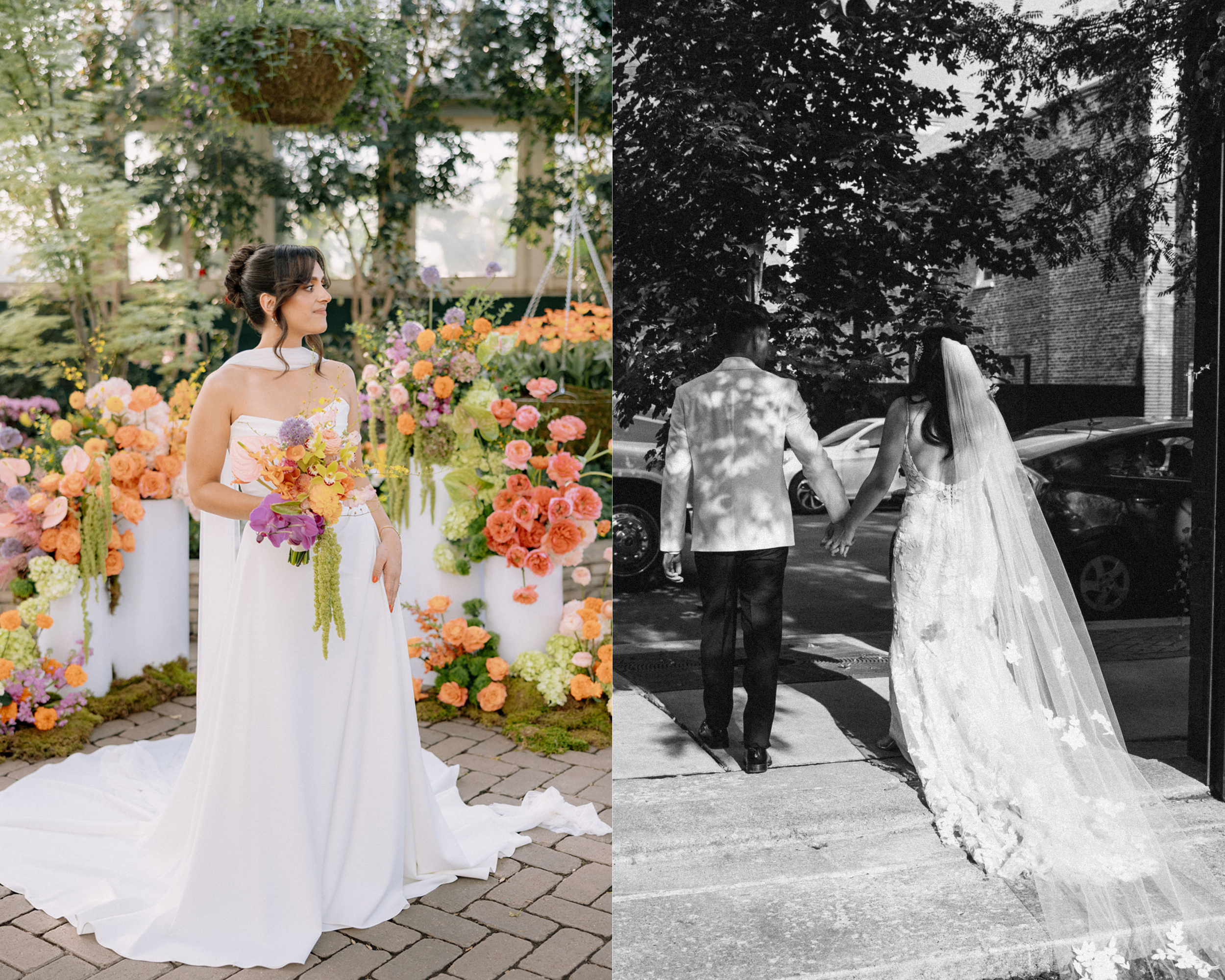 A comparison of a color photo and a black and white version showing a woman in a wedding dress standing among numerous flower arrangements with a garden in the background, and a couple holding hands walking away from the camera, partially obscured by