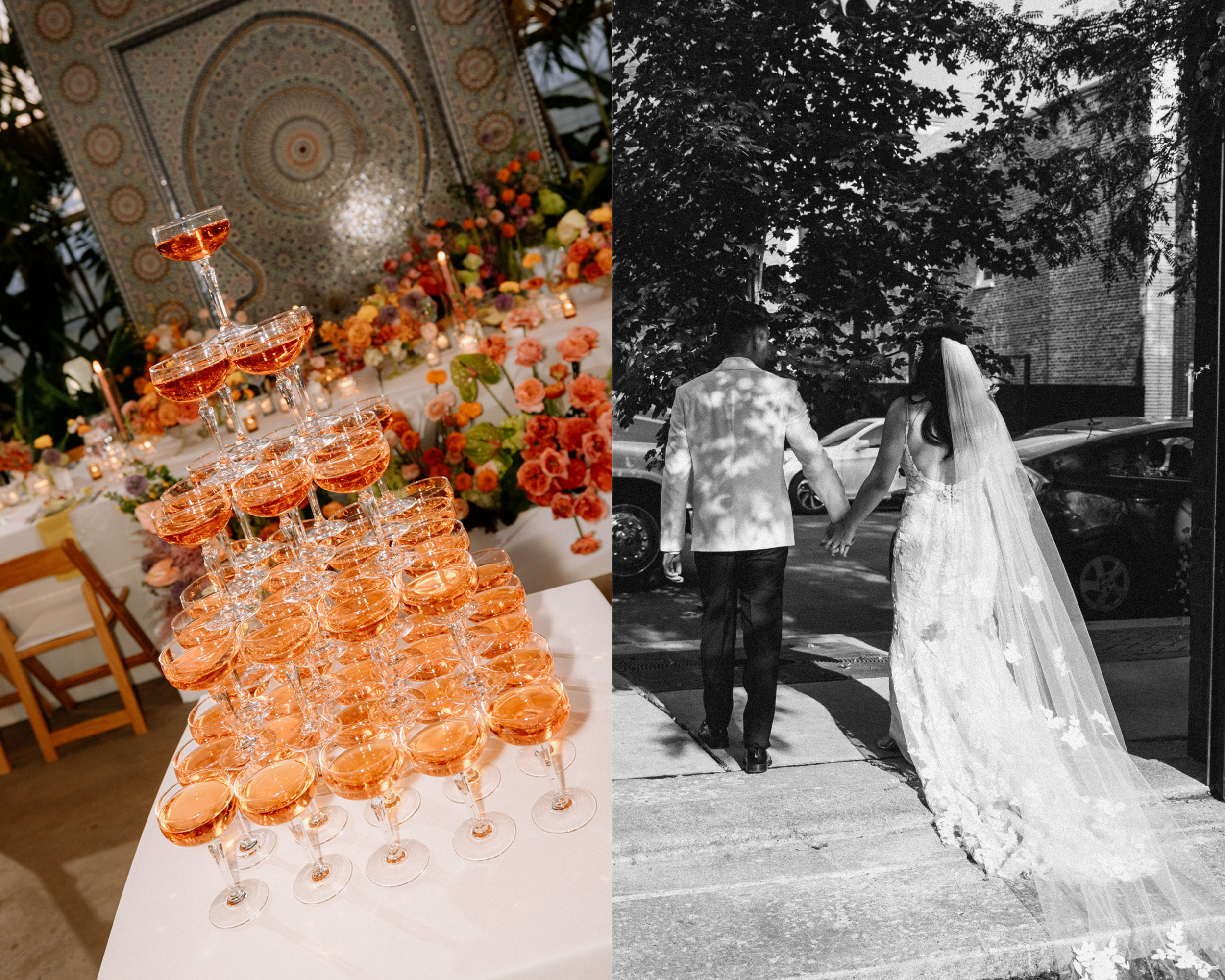 Split image: on the left, a tiered arrangement of glasses filled with a pinkish drink at a celebration with flowers and candles; on the right, a black-and-white photo of a bride and groom holding hands, walking outdoors under trees, with the bride we