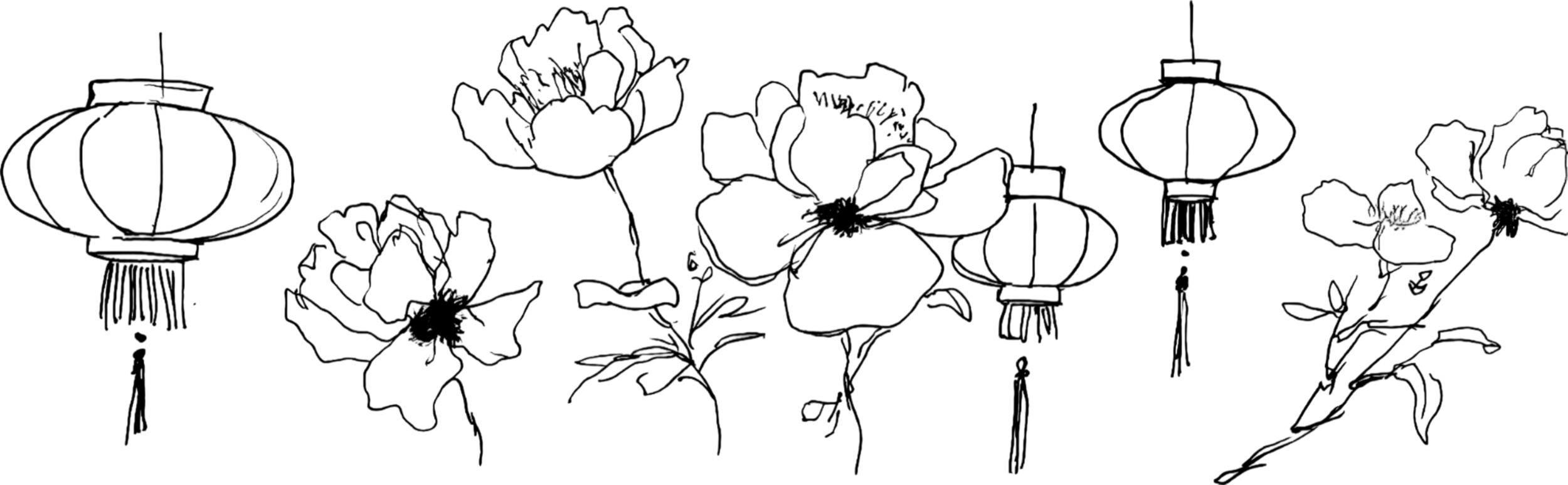 Outline of floral design with hanging lanterns.
