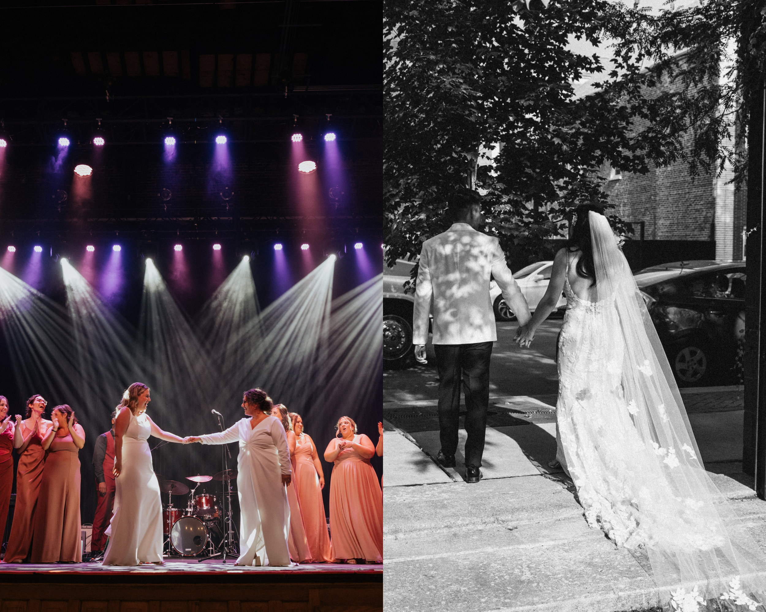 A collage of two photos: On the left, women in elegant gowns performing on stage with stage lights and a drum set, likely at a choir or musical event. On the right, a black-and-white photo of a couple holding hands, walking outdoors near trees and a 