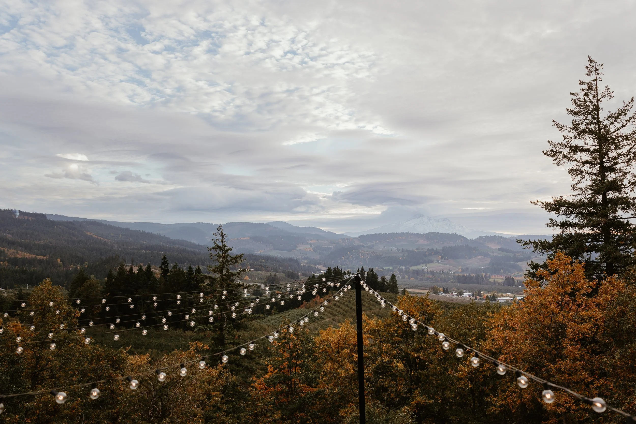 Scenic landscape with mountains, cloudy sky, trees, and outdoor string lights.