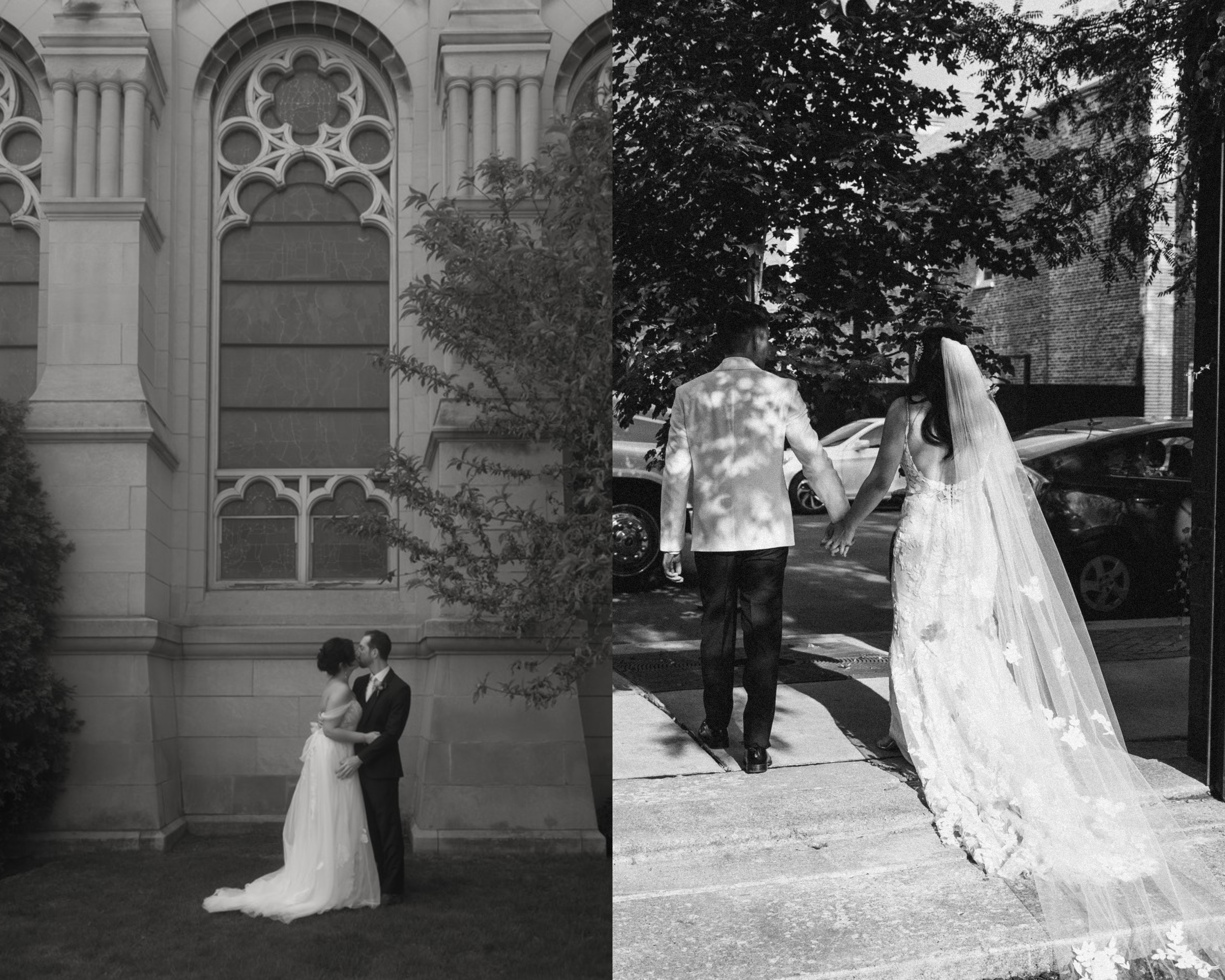 A couple in wedding attire holding hands, standing in front of an ornate building with stained glass windows, with a couple in formal wear also visible in front of the building.