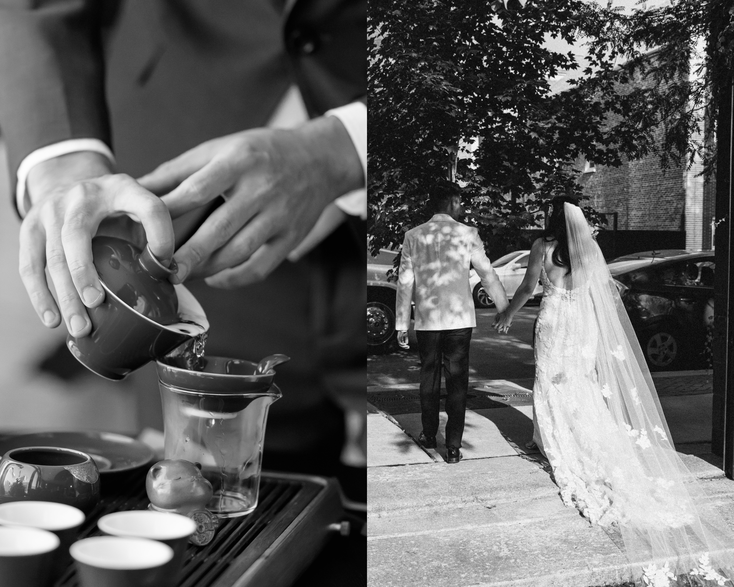 A side-by-side comparison of two black and white photographs. The left photo shows a close-up of a person’s hands pouring tea into cups from a teapot. The right photo depicts a couple walking hand-in-hand outdoors, with the woman wearing a long dress