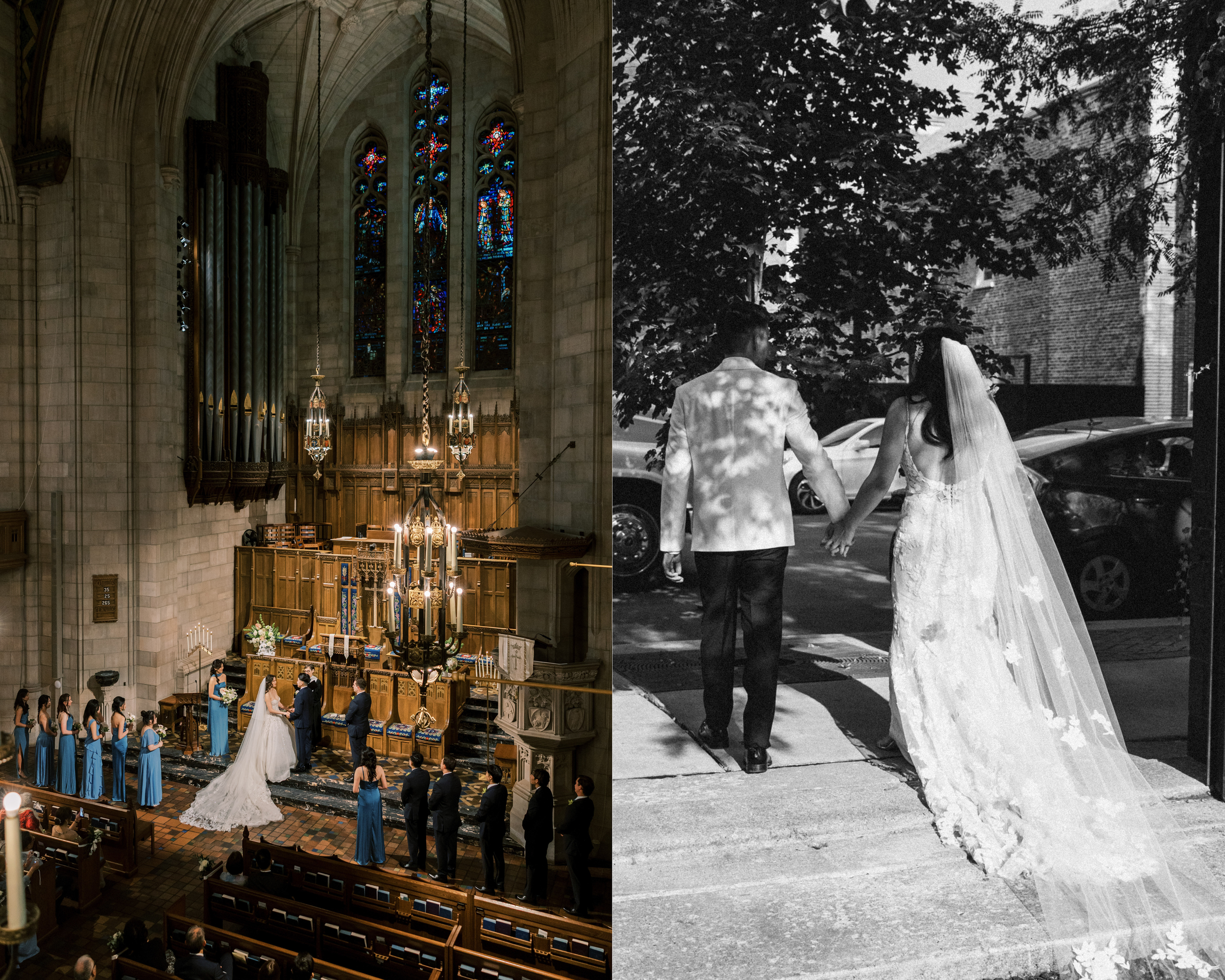 Side-by-side images showing a church wedding ceremony on the left and a bride and groom walking on a sidewalk with trees on the right. The church interior features stained glass windows and religious decor, while the outdoor scene is in black and whi