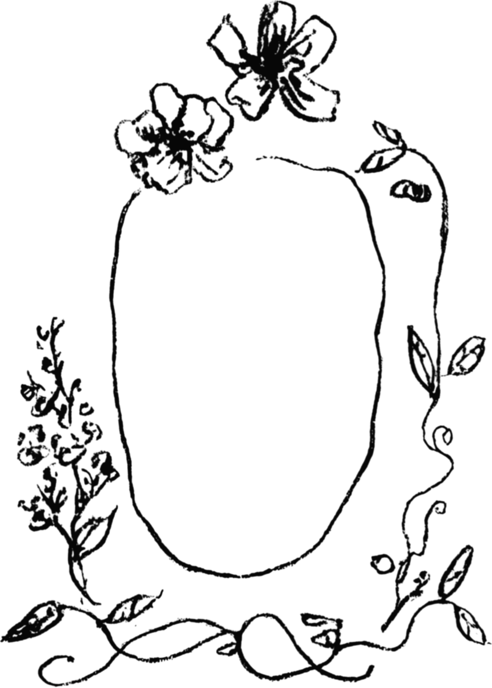 A hand-drawn illustration of a potted plant with flowers and leaves.