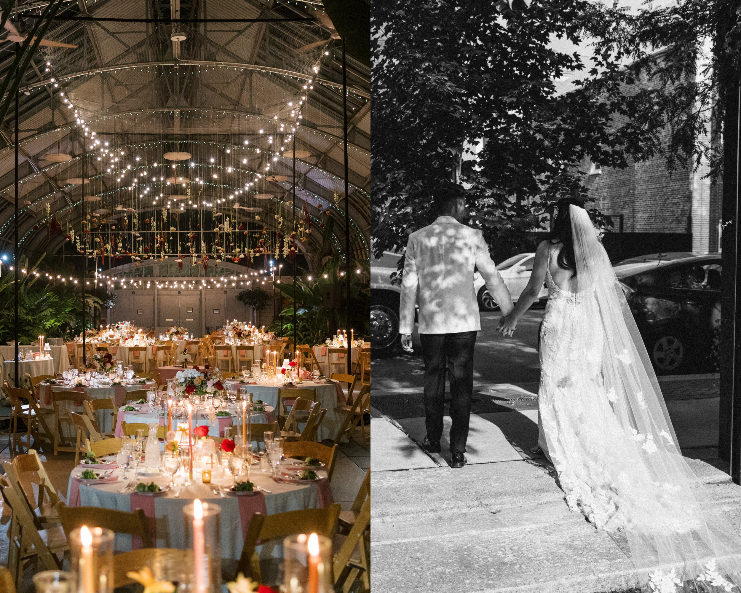 A split image featuring a decorated indoor event space with string lights and tables set for a celebration on the left, and a black-and-white photo of a bride and groom holding hands outdoors on the right.
