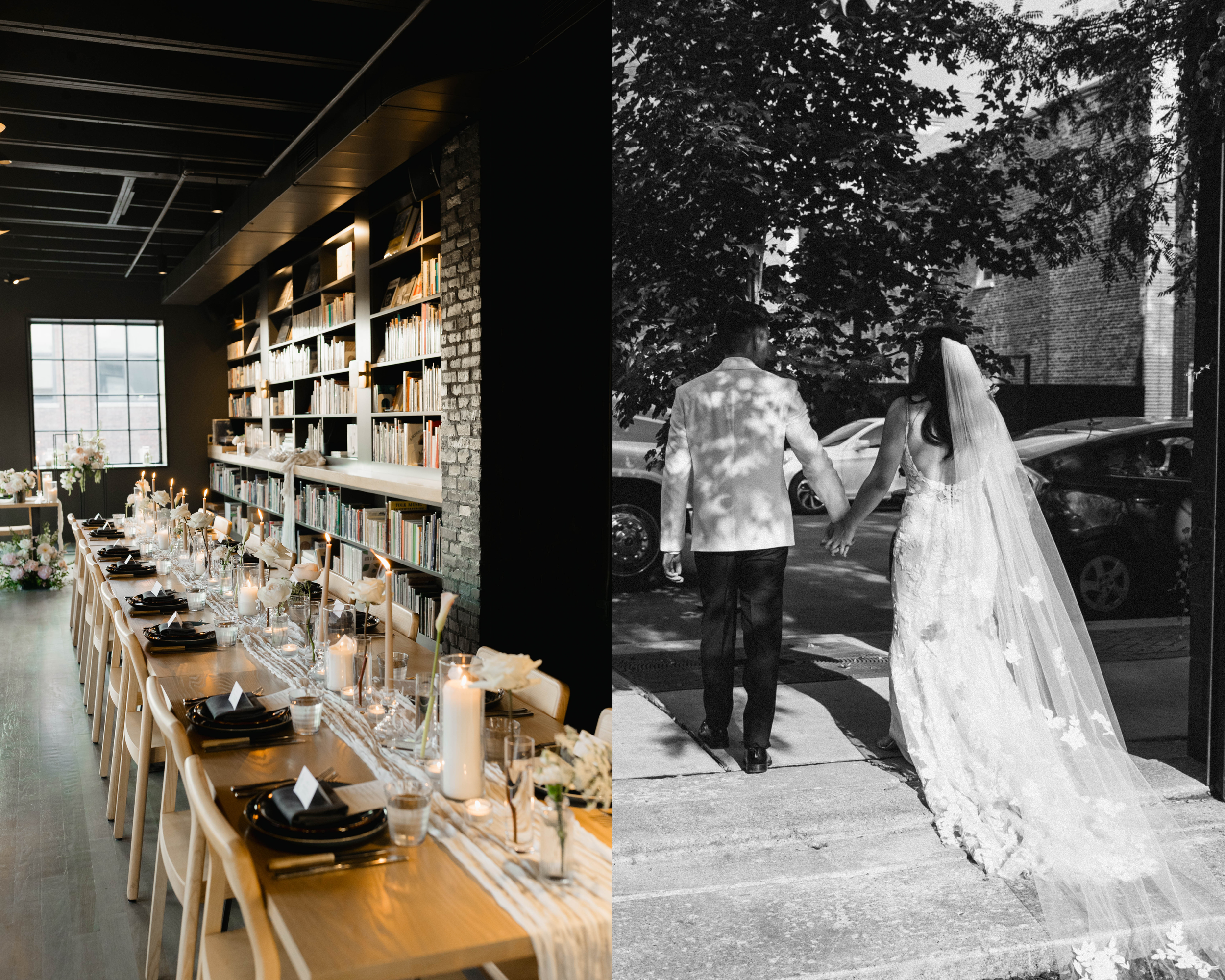 A split image showing an indoor dining setup on the left side and an outdoor wedding scene in black and white on the right side. The indoor scene features a long table with candles and floral arrangements, a large window in the background, and booksh