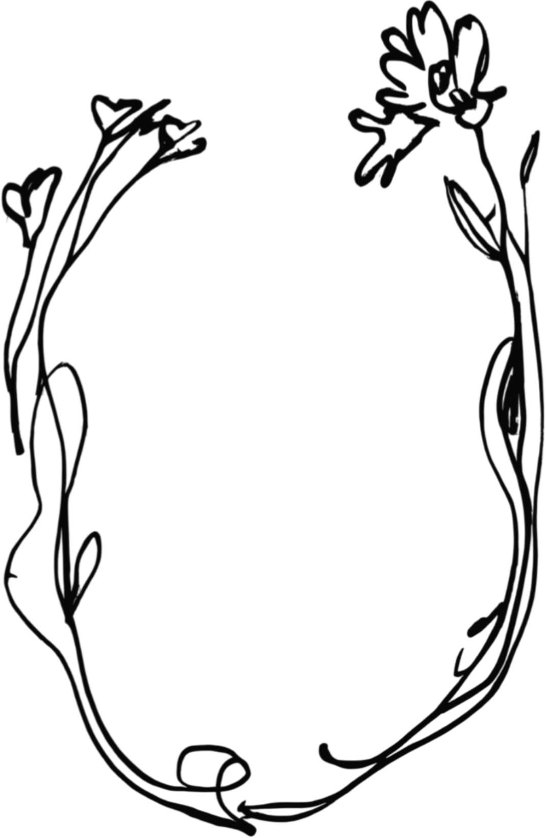 Black and white outline of a floral wreath with flowers on either side