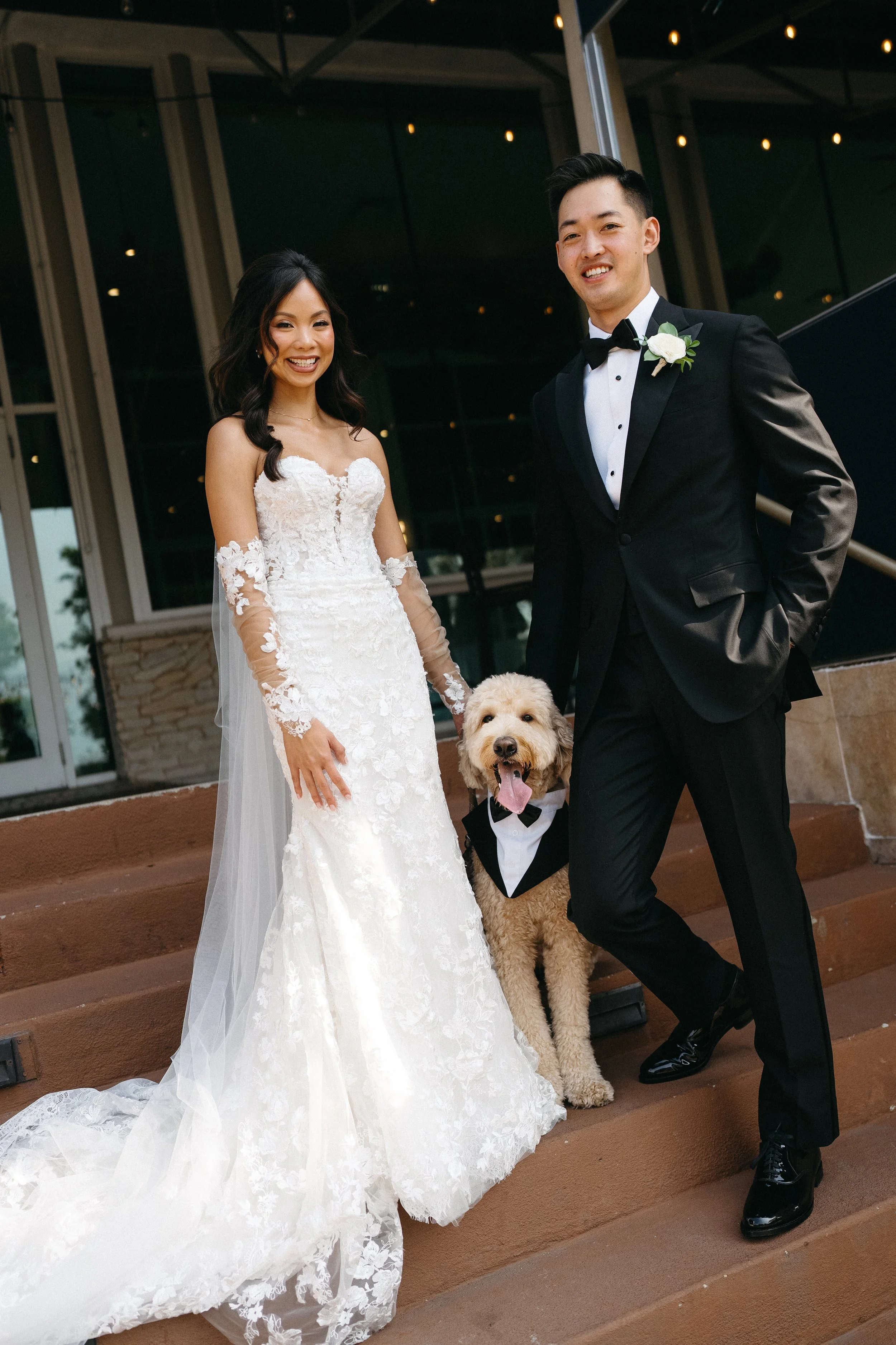 A bride and groom pose on steps outside a building at their wedding, with a golden doodle dog dressed in a tuxedo between them. The bride is in a white lace wedding gown, and the groom is in a black tuxedo with a bow tie and boutonniere.