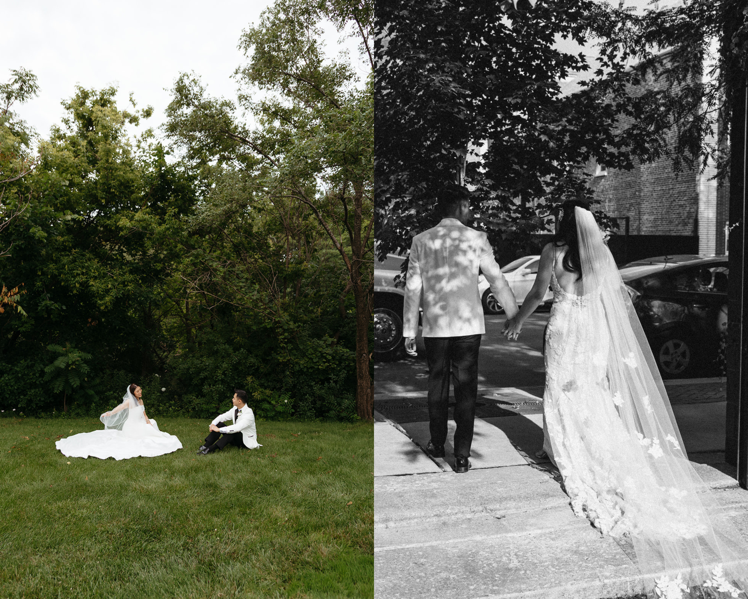 A bride and groom sitting on the grass, surrounded by trees, with a black-and-white overlay on part of the image showing the couple walking.