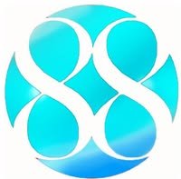 Abstract logo featuring multiple interconnected blue and white circular shapes.