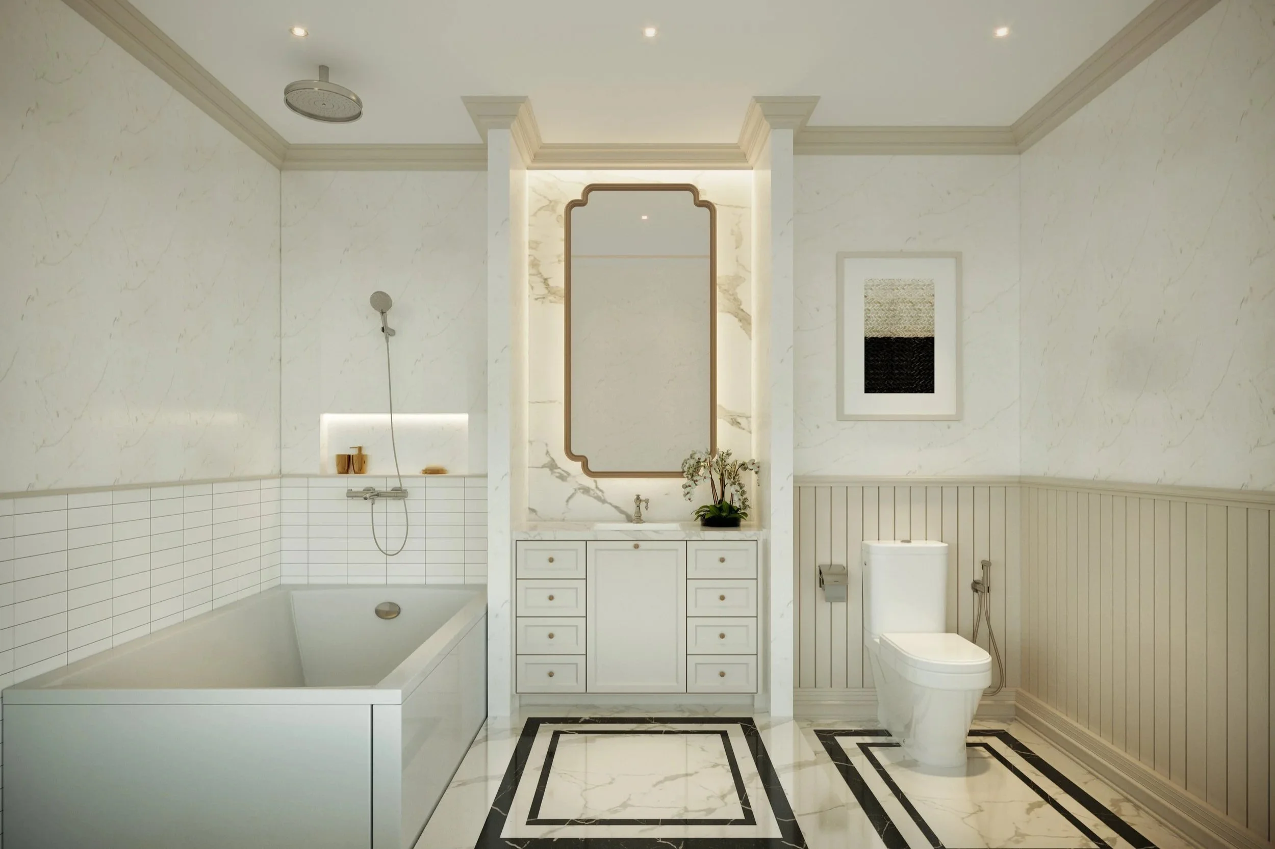 Modern bathroom with a bathtub, a vanity with a mirror, a toilet, and marble flooring with black accents.  Best condo in Pasak Bangtao with attractive pricing
