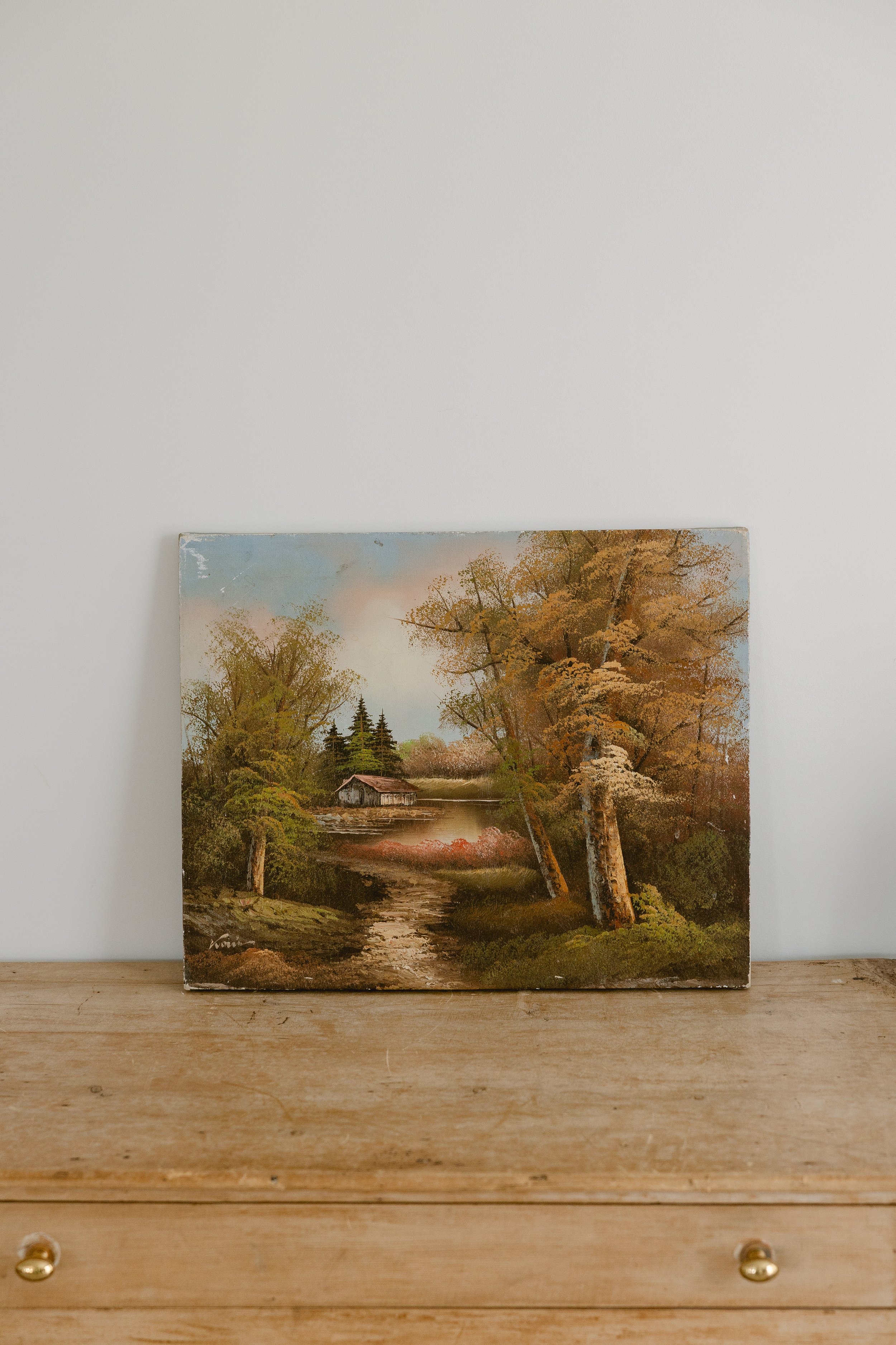 "Autumn Cabin" Vintage Oil Painting
