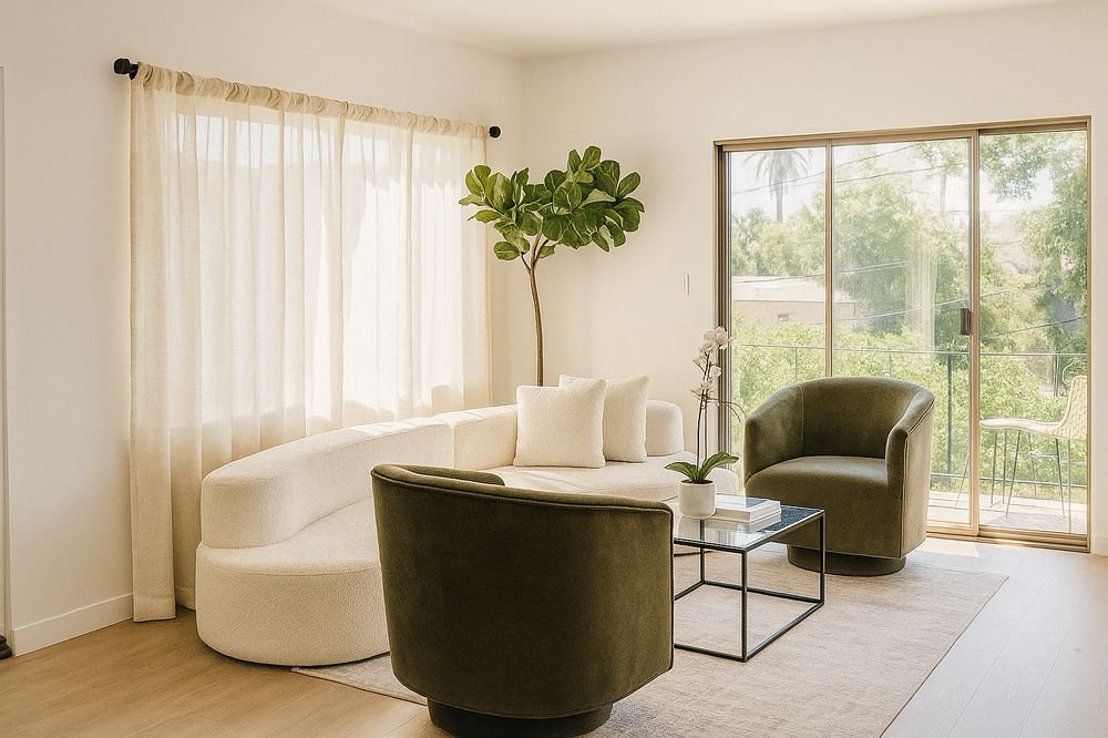 Living room with a large window with sheer curtains, minimal decor, a white curved sofa with white pillows, two green armchairs, a small table with a potted orchid, and a sliding glass door leading to a balcony with outdoor chairs, a potted plant, an